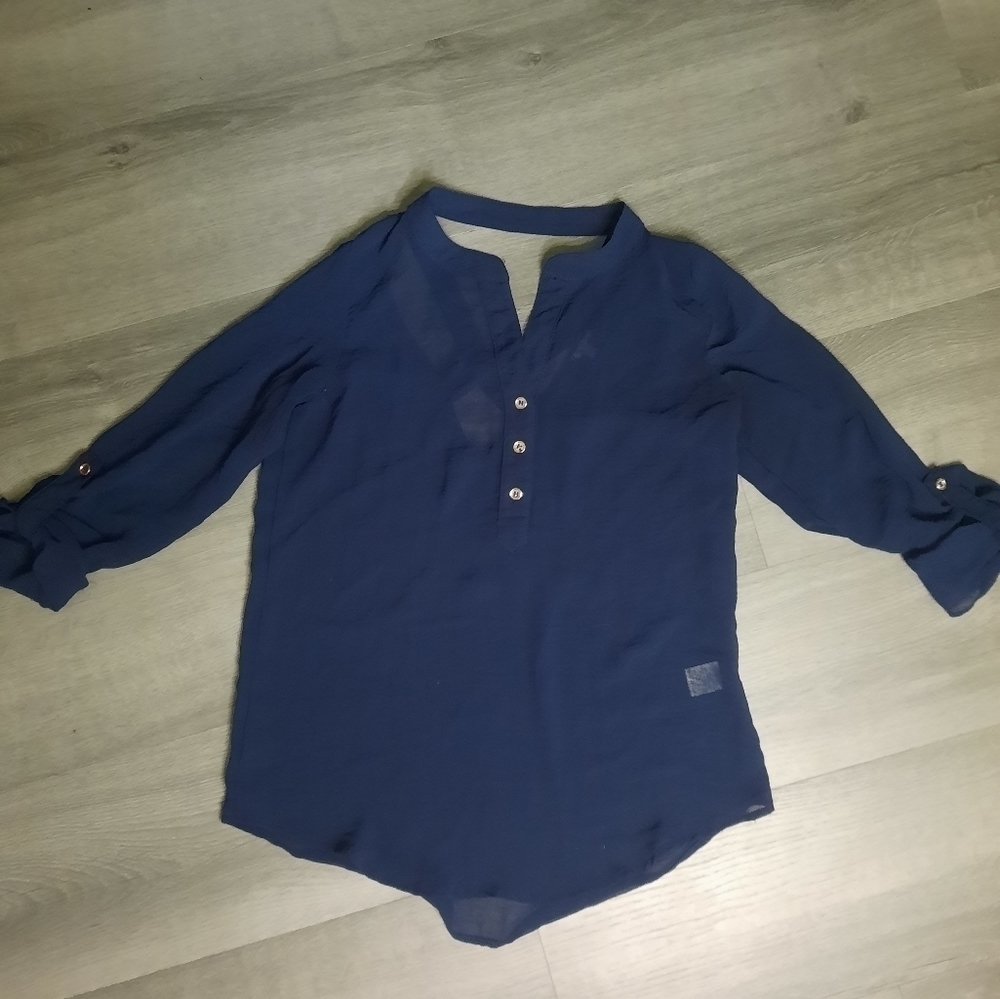 Charlotte Russe Navy Sheer Three Quarter Sleeves Blouse